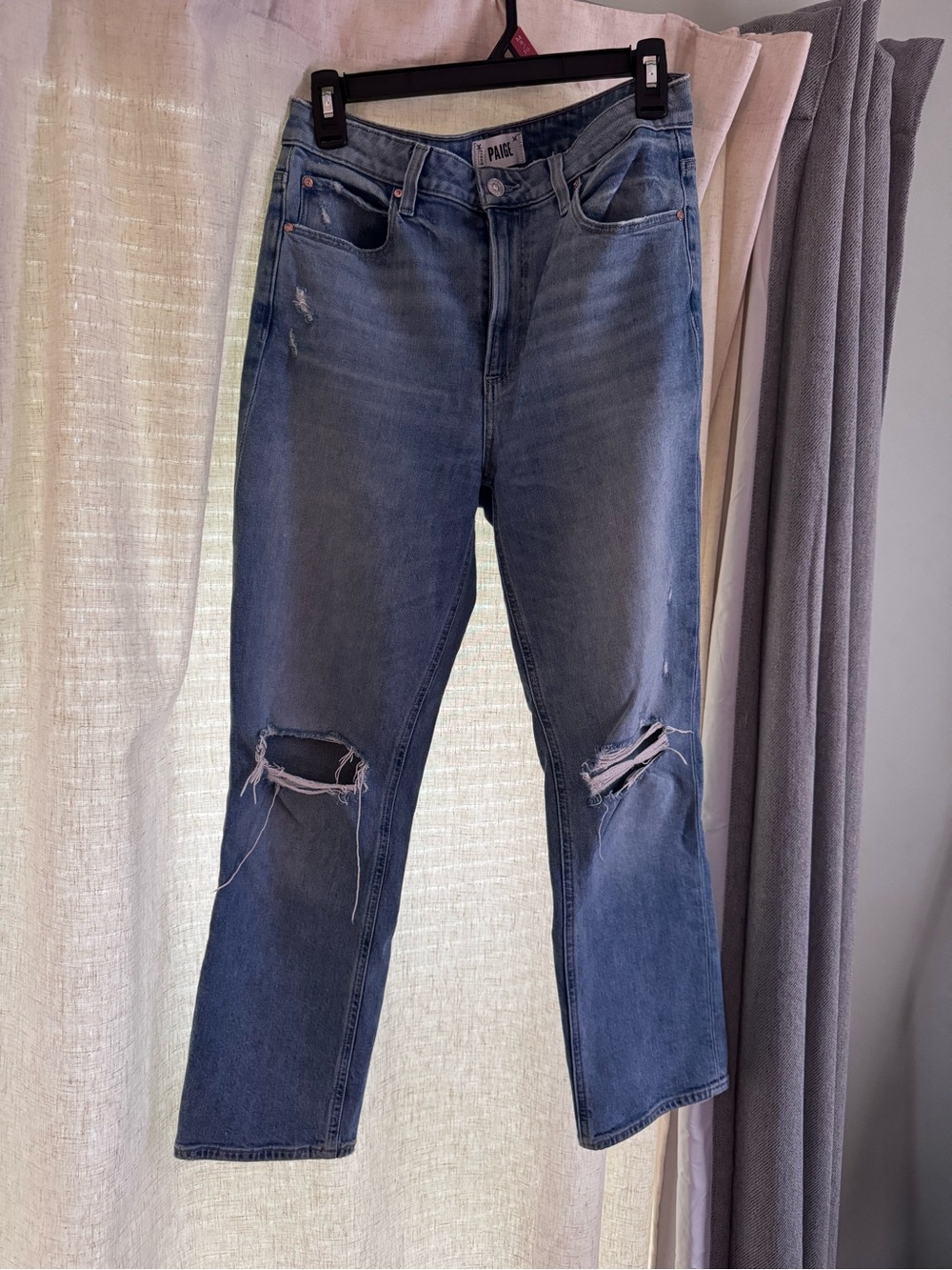 PAIGE Blue Distressed Straight-Leg Jeans